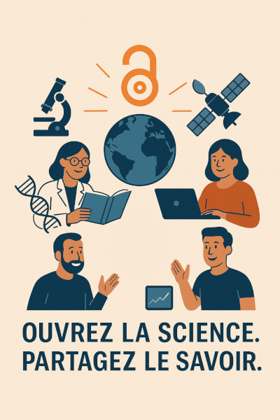Affiche illustrée sur fond beige promouvant la science ouverte. Au centre, un logo orange du libre accès surplombe un globe terrestre stylisé. Autour, quatre personnages adultes (scientifiques et étudiants) interagissent avec des éléments scientifiques : microscope, ADN, satellite, graphique, livre, ordinateur. Au bas de l'affiche, le slogan: Ouvrez la science, partagez le savoir